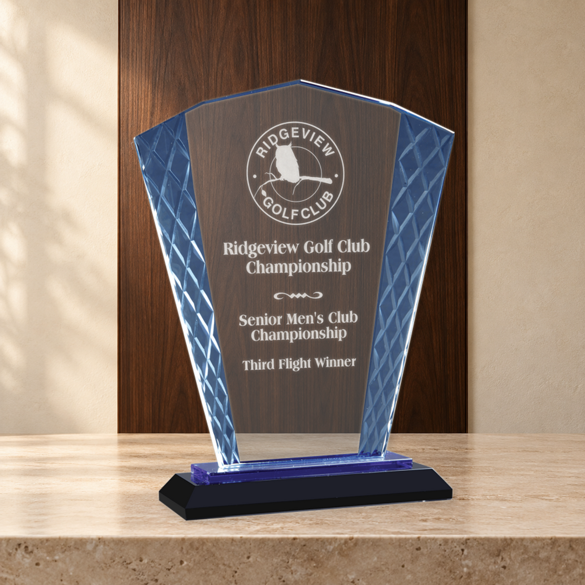 Personalized Fan Glass Award on Blue & Black Reflective Base – Custom Engraved Award Plaque