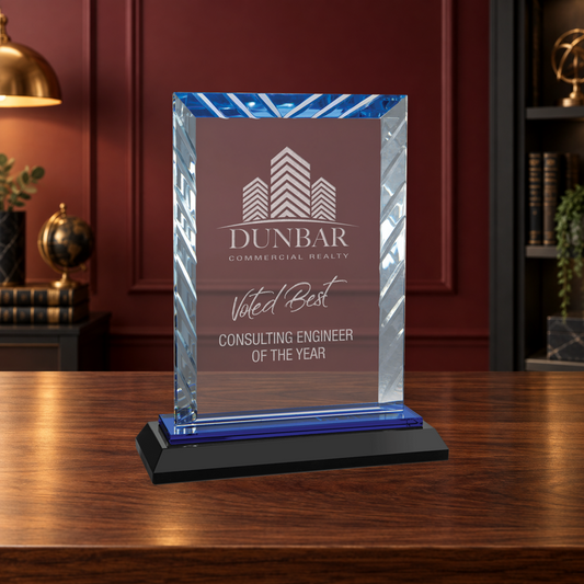 Personalized Rectangle Glass Award on Blue & Black Reflective Base – Custom Engraved Award Plaque