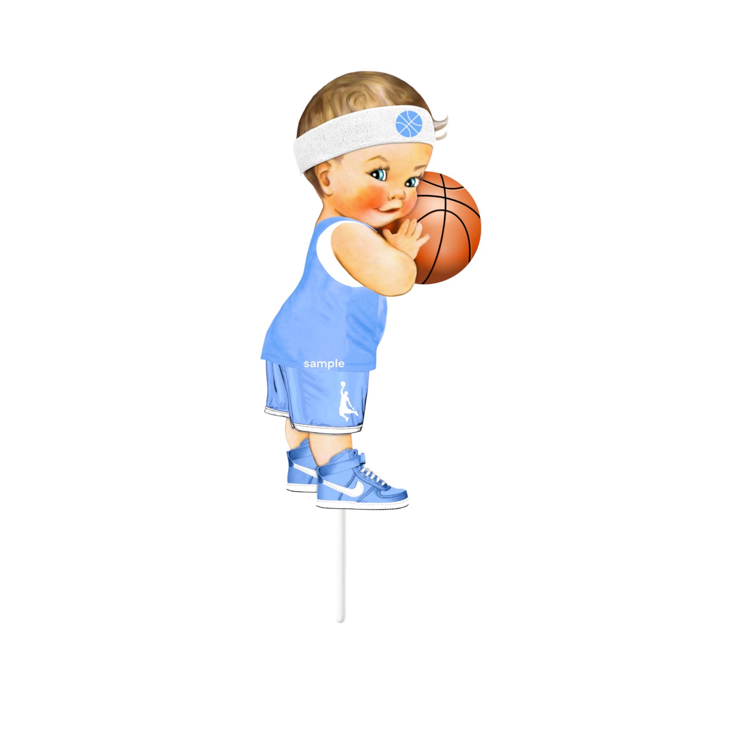Basketball Ligth Blue Baby Boy Centerpieces Cutouts, Stotr 1st Birthday Baby Shower Party Decorations Suppiles. (African American, Set of 3 Centerpieces)