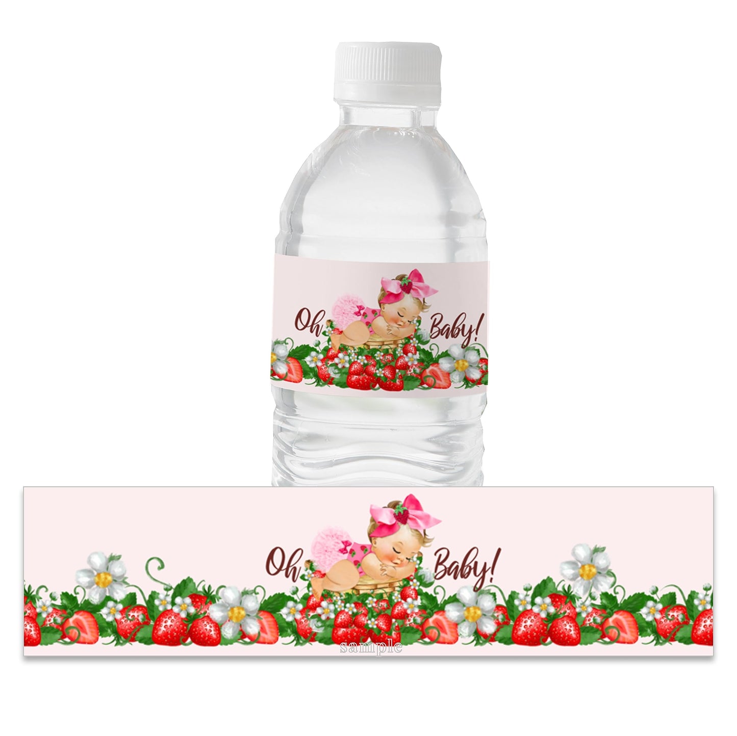 15PCS Baby Shower Stickers Girl Strawberry Water Bottle Labels for Strawberry Theme Baby Shower Favor (Brunette Girl)