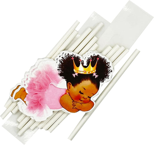 DIY Cupcake Toppers Sleeping Baby Girl Pink Tutu Gold Crown, African American Baby Shower 1st Birthday Party Decoration Set of 12