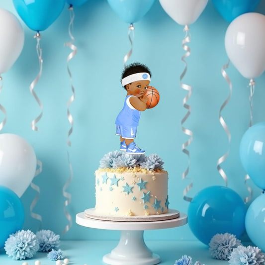 Basketball Ligth Blue Baby Boy Centerpieces Cutouts, Stotr 1st Birthday Baby Shower Party Decorations Suppiles. (African American, Set of 3 Centerpieces)