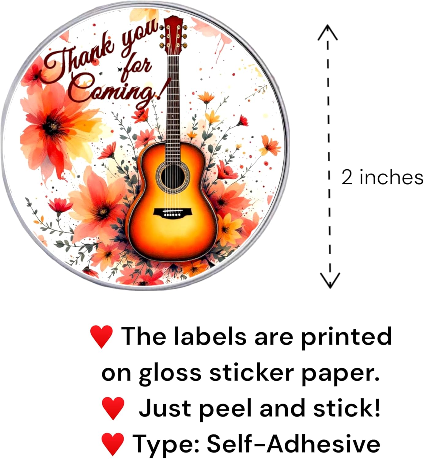 Floral Guitar Labels for Music Party Favors Decorations, 40 Stickers Festival Music Theme Birthday Party Supplies (Autumn Guitar)