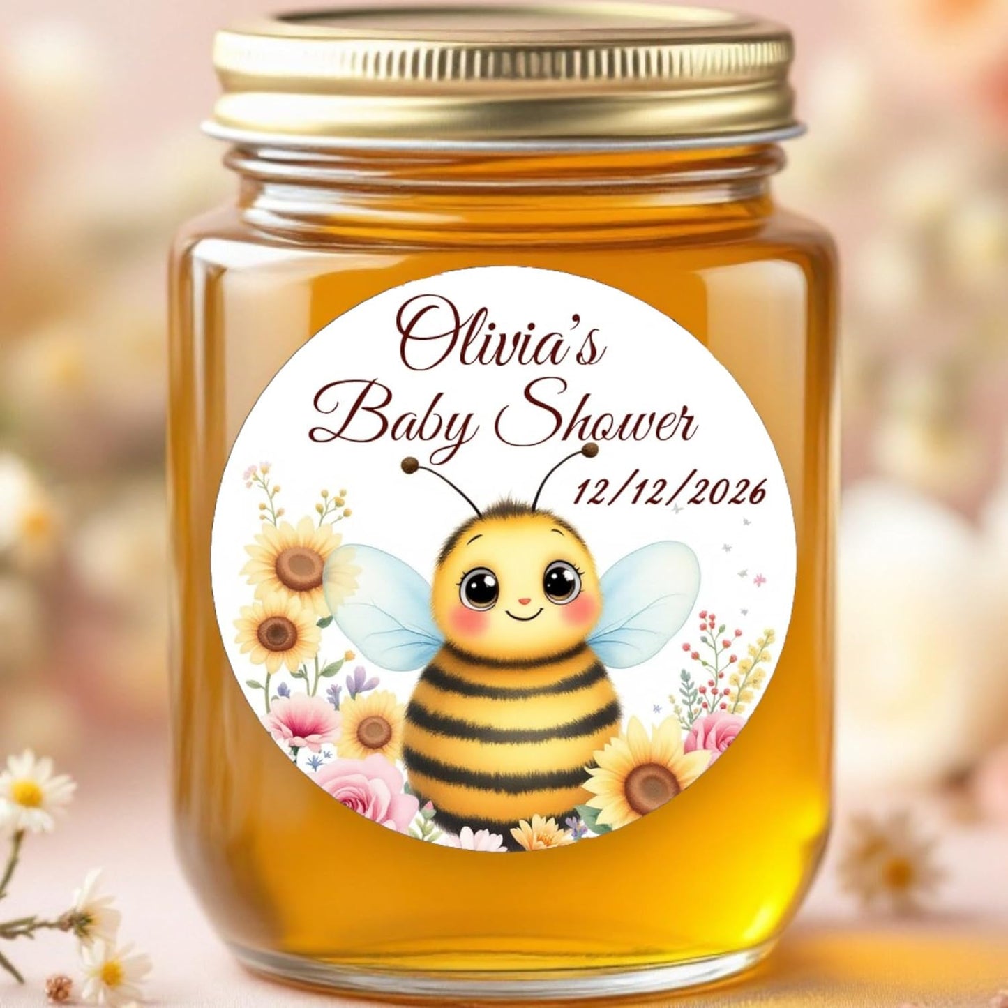 Personalized Baby Bee Shower Labels, 40 Custom Name Birthday Party Favors Stickers Decorations