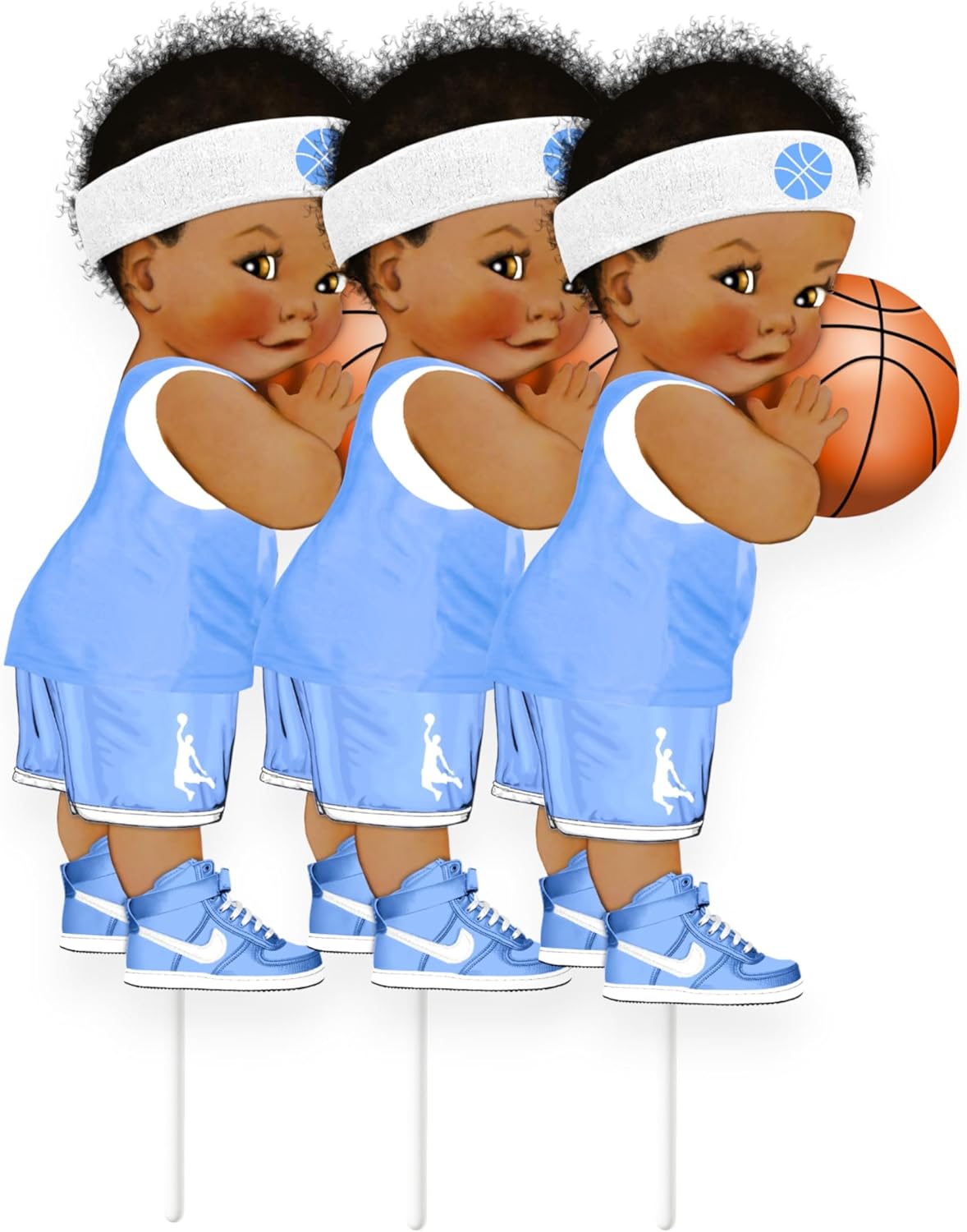 Basketball Ligth Blue Baby Boy Centerpieces Cutouts, Stotr 1st Birthday Baby Shower Party Decorations Suppiles. (African American, Set of 3 Centerpieces)