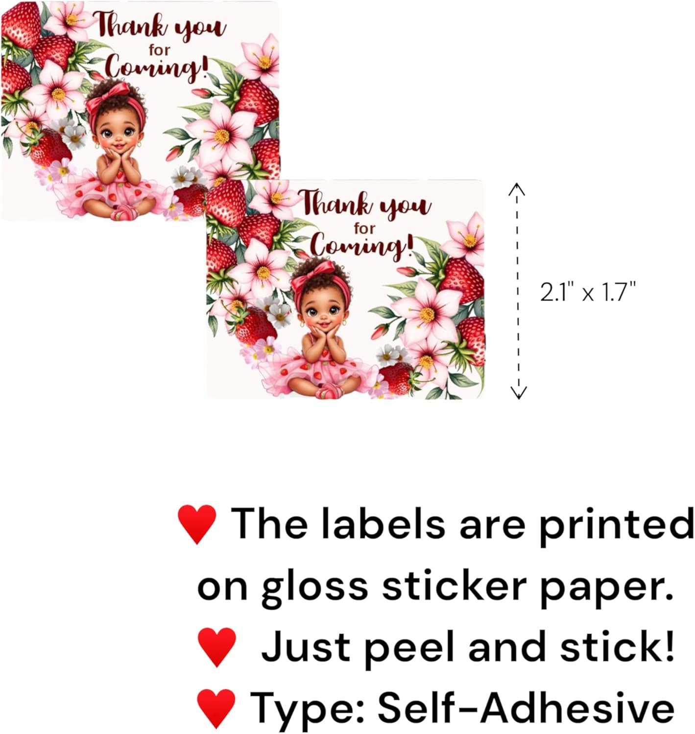 Baby Shower Strawberry Girl 30 Party Favor Labels for Lip Balm Sticks, Envelopes, Favor Jar, Friut Birthday Decorations (African American)
