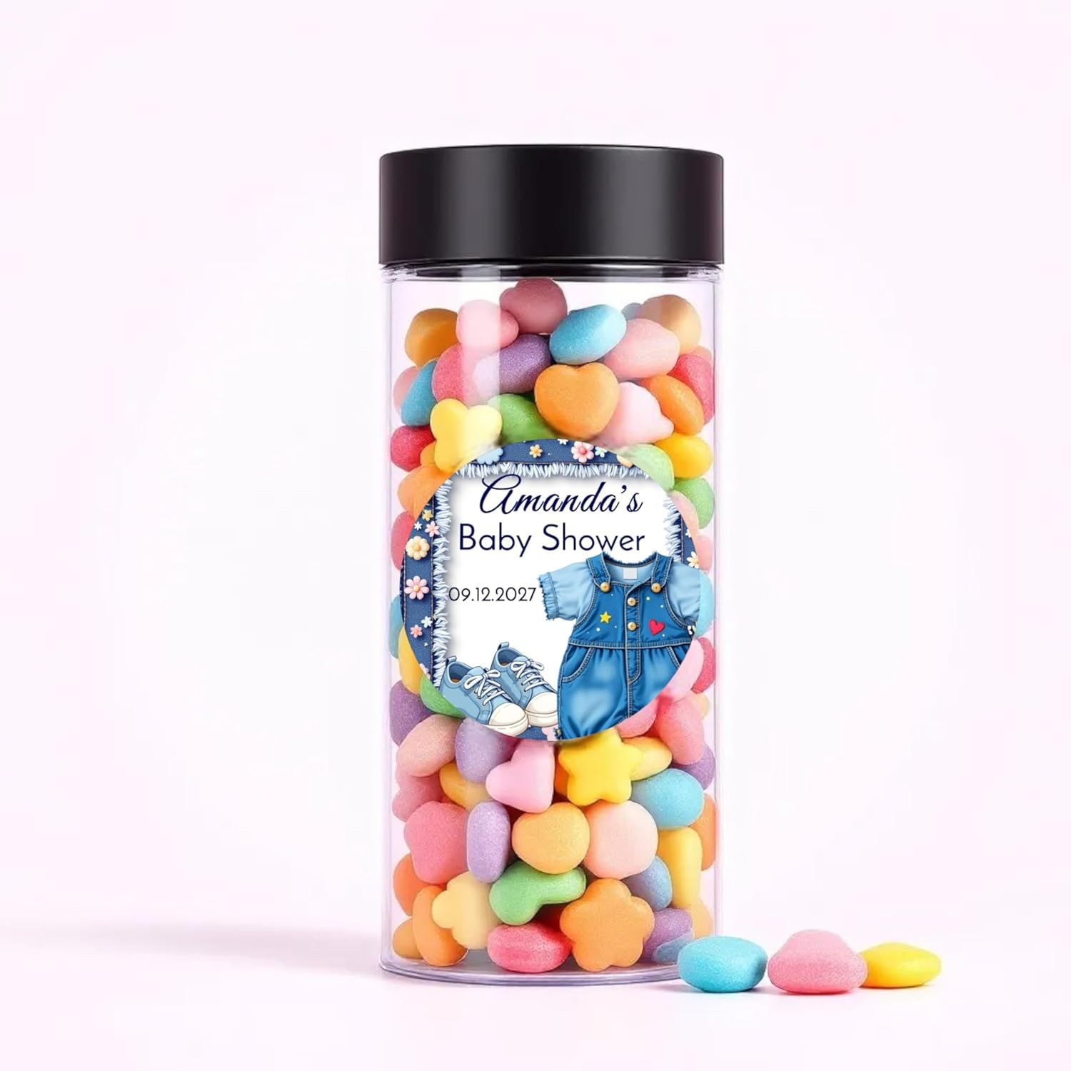 Personalized Blue Jeans Baby Shower Labels, Denim 1st Birthday Party Favor Stickers (Denim Girl #1)