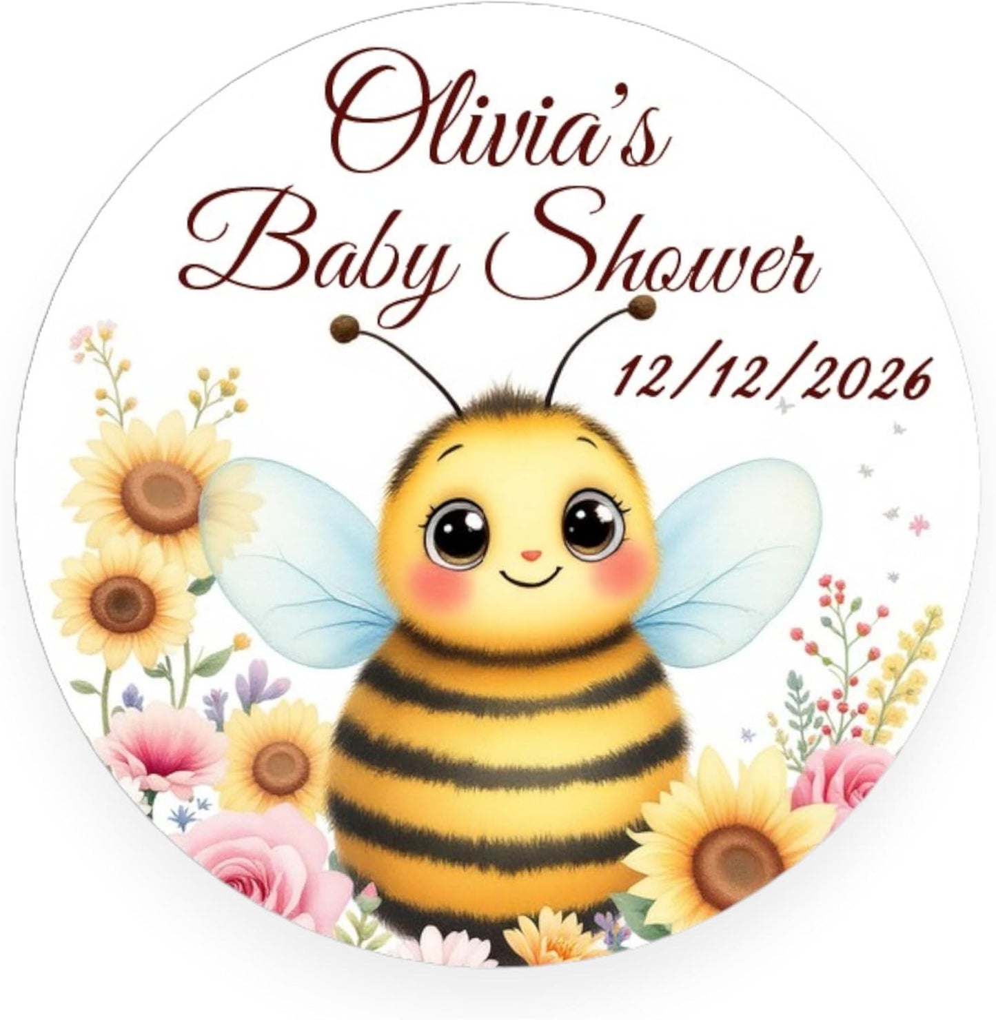 Personalized Baby Bee Shower Labels, 40 Custom Name Birthday Party Favors Stickers Decorations