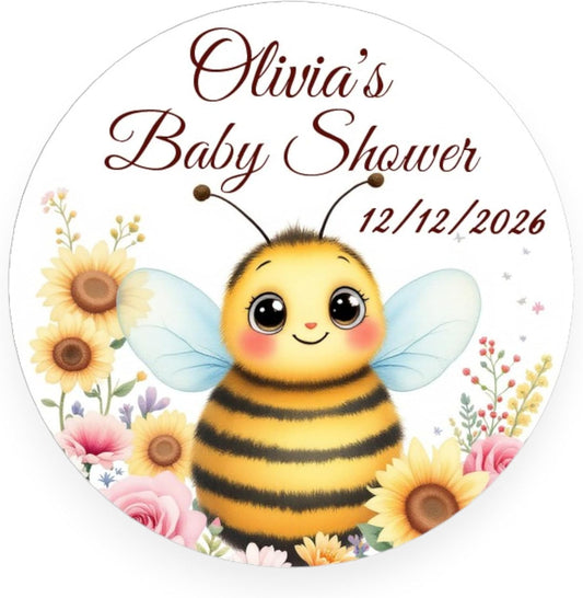 Personalized Baby Bee Shower Labels, 40 Custom Name Birthday Party Favors Stickers Decorations