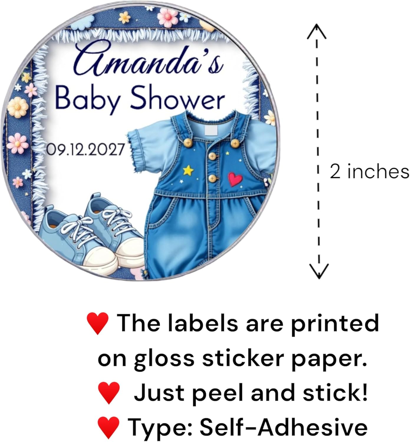 Personalized Blue Jeans Baby Shower Labels, Denim 1st Birthday Party Favor Stickers (Denim Girl #1)
