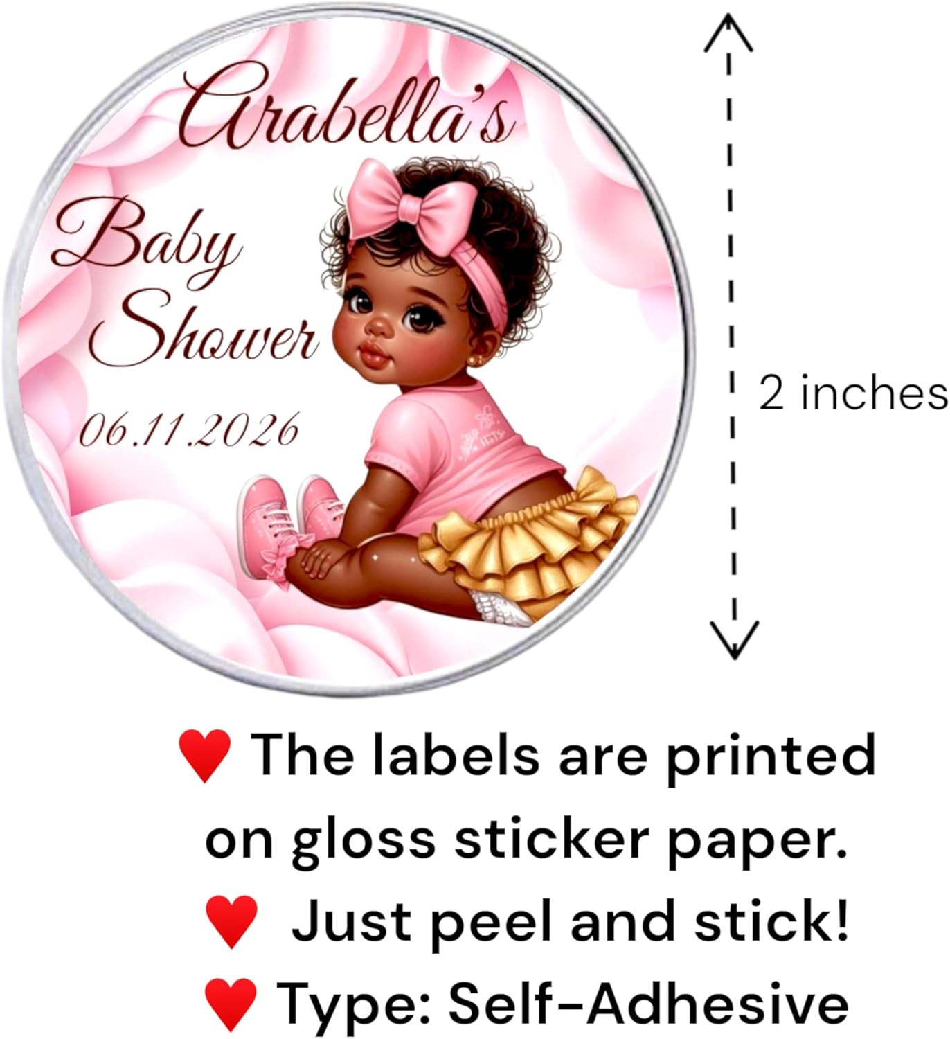 Personalized Girl African American Party Favor Labels, 1st Birthday Custom Name Date Stickers Decorations