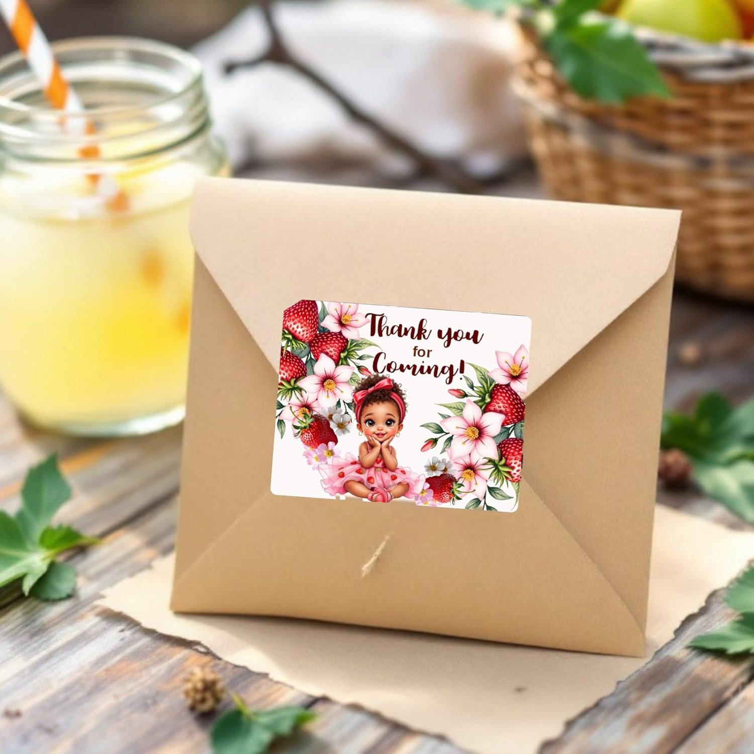 Baby Shower Strawberry Girl 30 Party Favor Labels for Lip Balm Sticks, Envelopes, Favor Jar, Friut Birthday Decorations (African American)