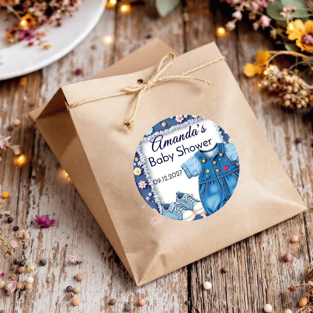 Personalized Blue Jeans Baby Shower Labels, Denim 1st Birthday Party Favor Stickers (Denim Girl #1)