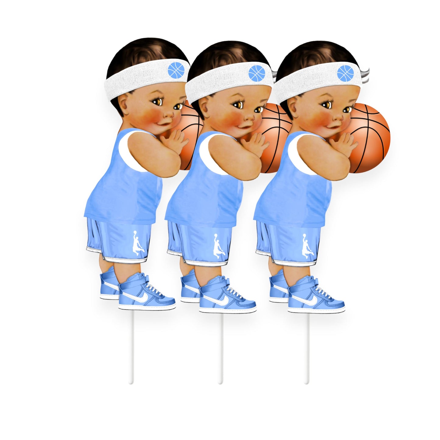 Basketball Ligth Blue Baby Boy Centerpieces Cutouts, Stotr 1st Birthday Baby Shower Party Decorations Suppiles. (African American, Set of 3 Centerpieces)