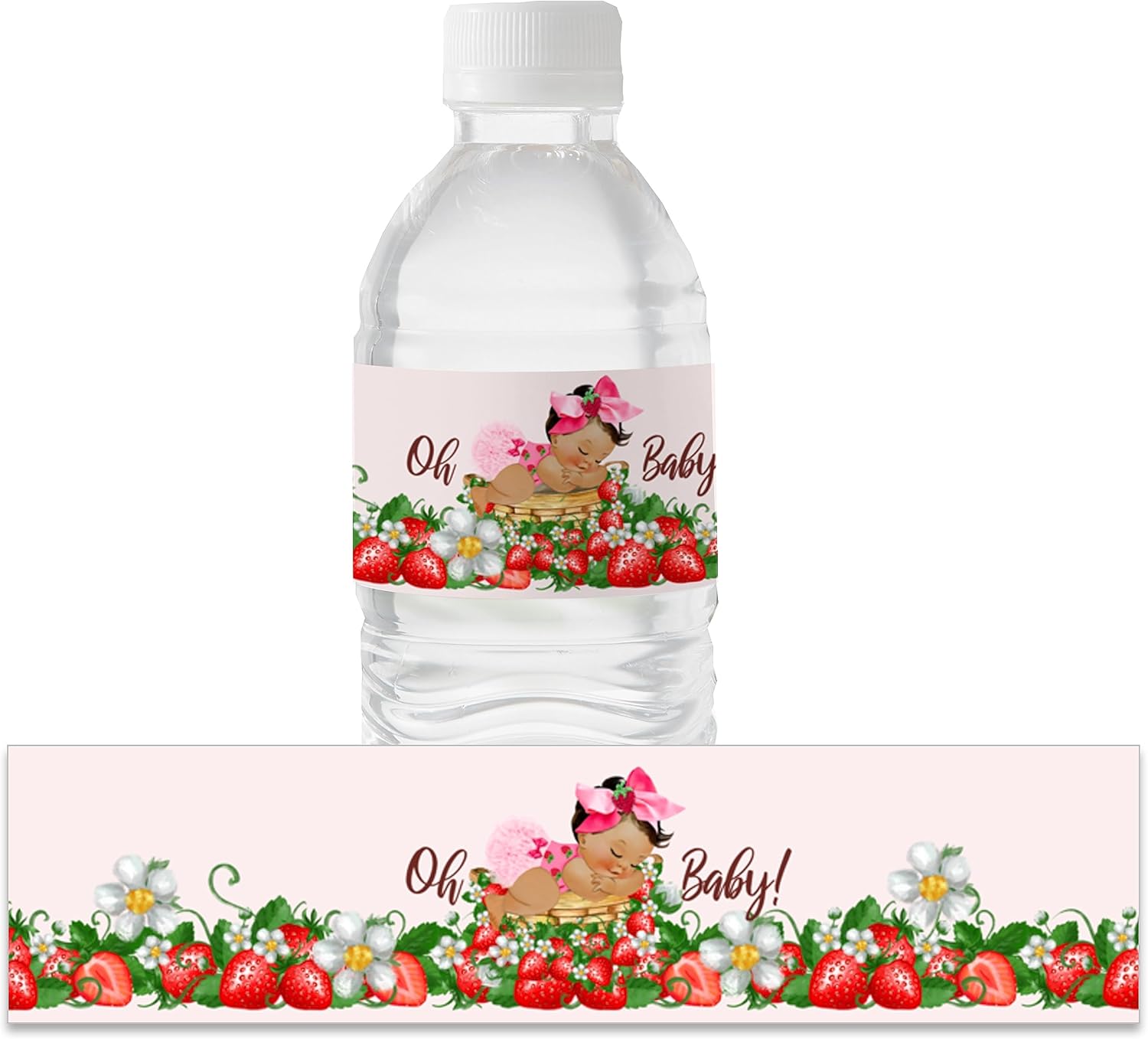 15PCS Baby Shower Stickers Girl Strawberry Water Bottle Labels for Strawberry Theme Baby Shower Favor (Brunette Girl)