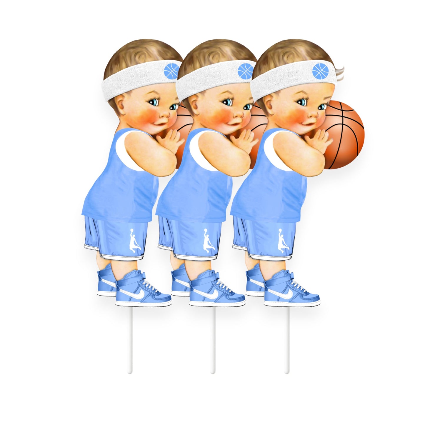 Basketball Ligth Blue Baby Boy Centerpieces Cutouts, Stotr 1st Birthday Baby Shower Party Decorations Suppiles. (African American, Set of 3 Centerpieces)