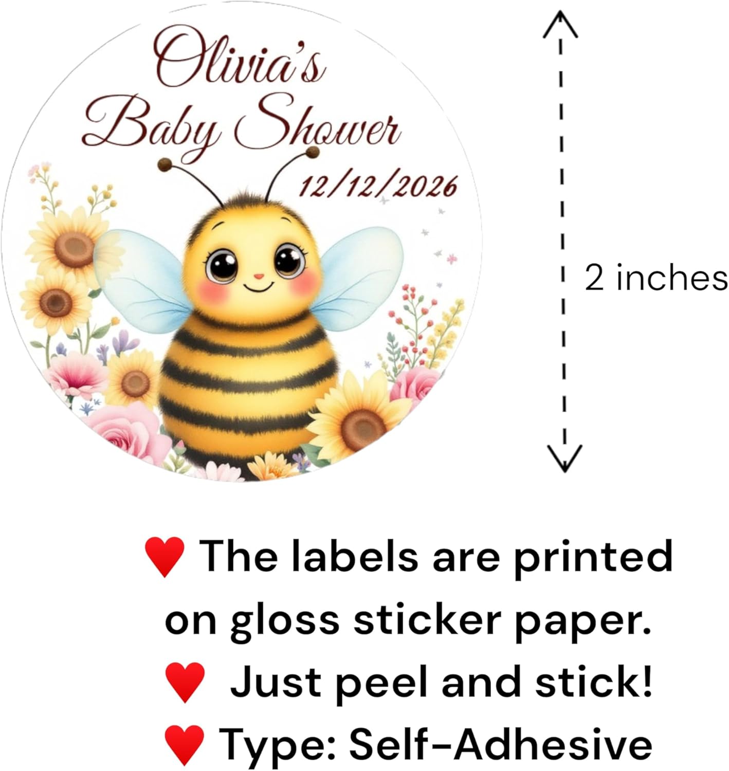 Personalized Baby Bee Shower Labels, 40 Custom Name Birthday Party Favors Stickers Decorations