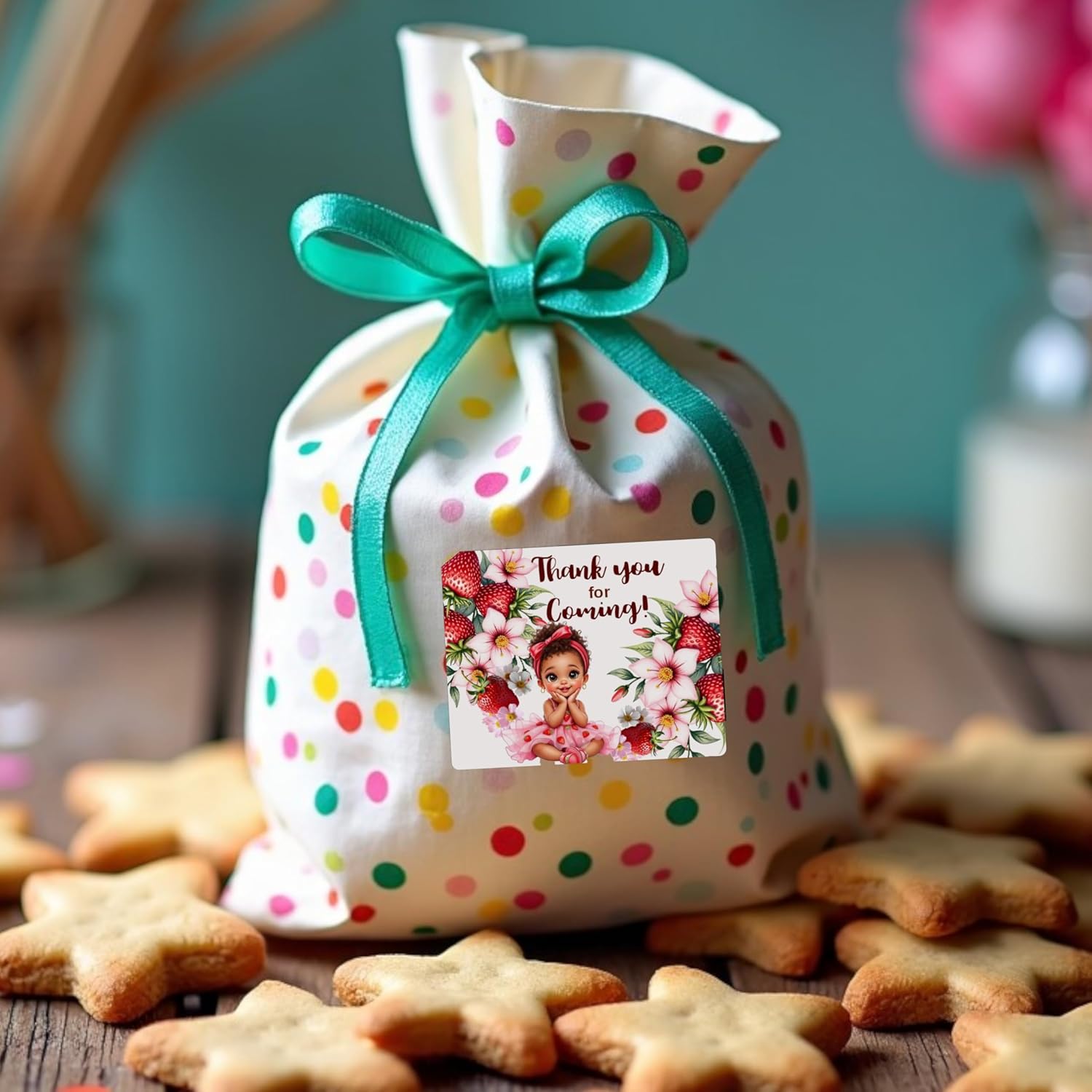 Baby Shower Strawberry Girl 30 Party Favor Labels for Lip Balm Sticks, Envelopes, Favor Jar, Friut Birthday Decorations (African American)