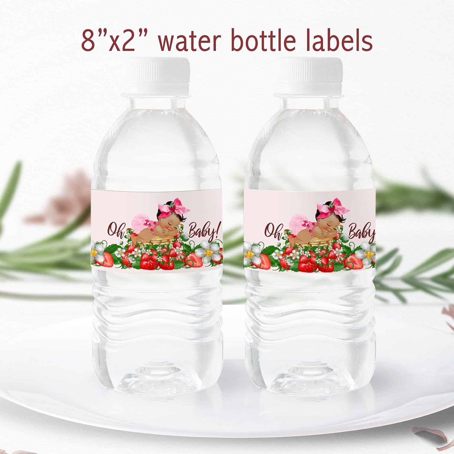 15PCS Baby Shower Stickers Girl Strawberry Water Bottle Labels for Strawberry Theme Baby Shower Favor (Brunette Girl)