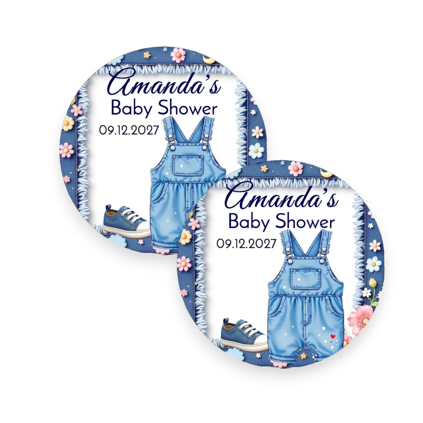 Personalized Blue Jeans Baby Shower Labels, Denim 1st Birthday Party Favor Stickers (Denim Girl #1)