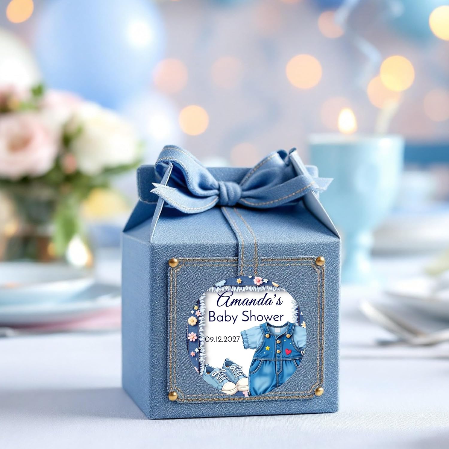 Personalized Blue Jeans Baby Shower Labels, Denim 1st Birthday Party Favor Stickers (Denim Girl #1)