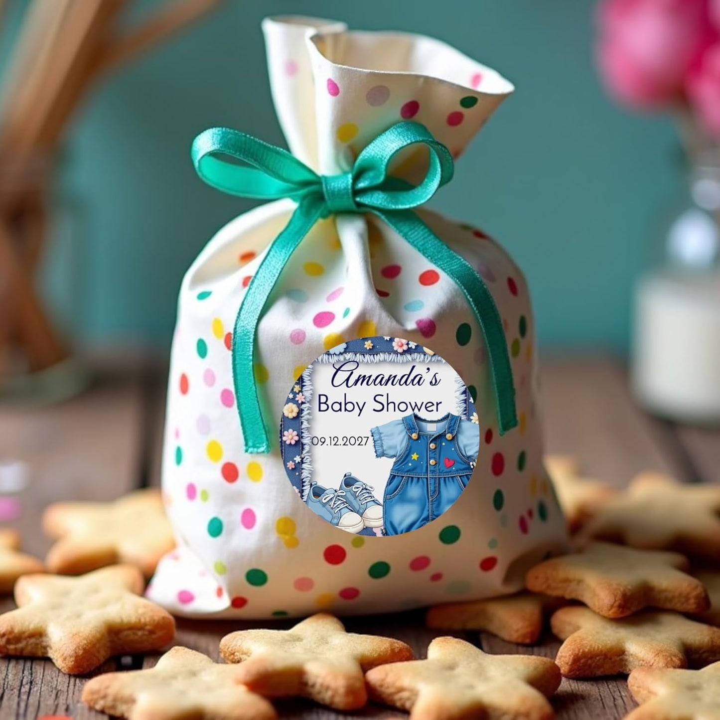 Personalized Blue Jeans Baby Shower Labels, Denim 1st Birthday Party Favor Stickers (Denim Girl #1)