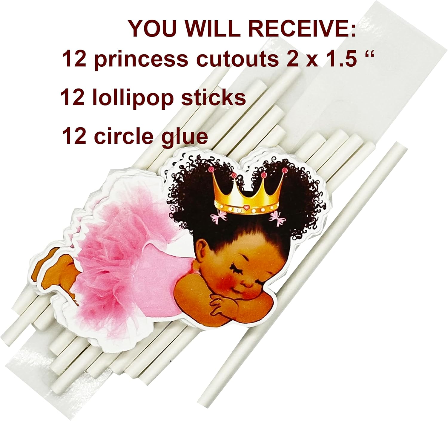DIY Cupcake Toppers Sleeping Baby Girl Pink Tutu Gold Crown, African American Baby Shower 1st Birthday Party Decoration Set of 12