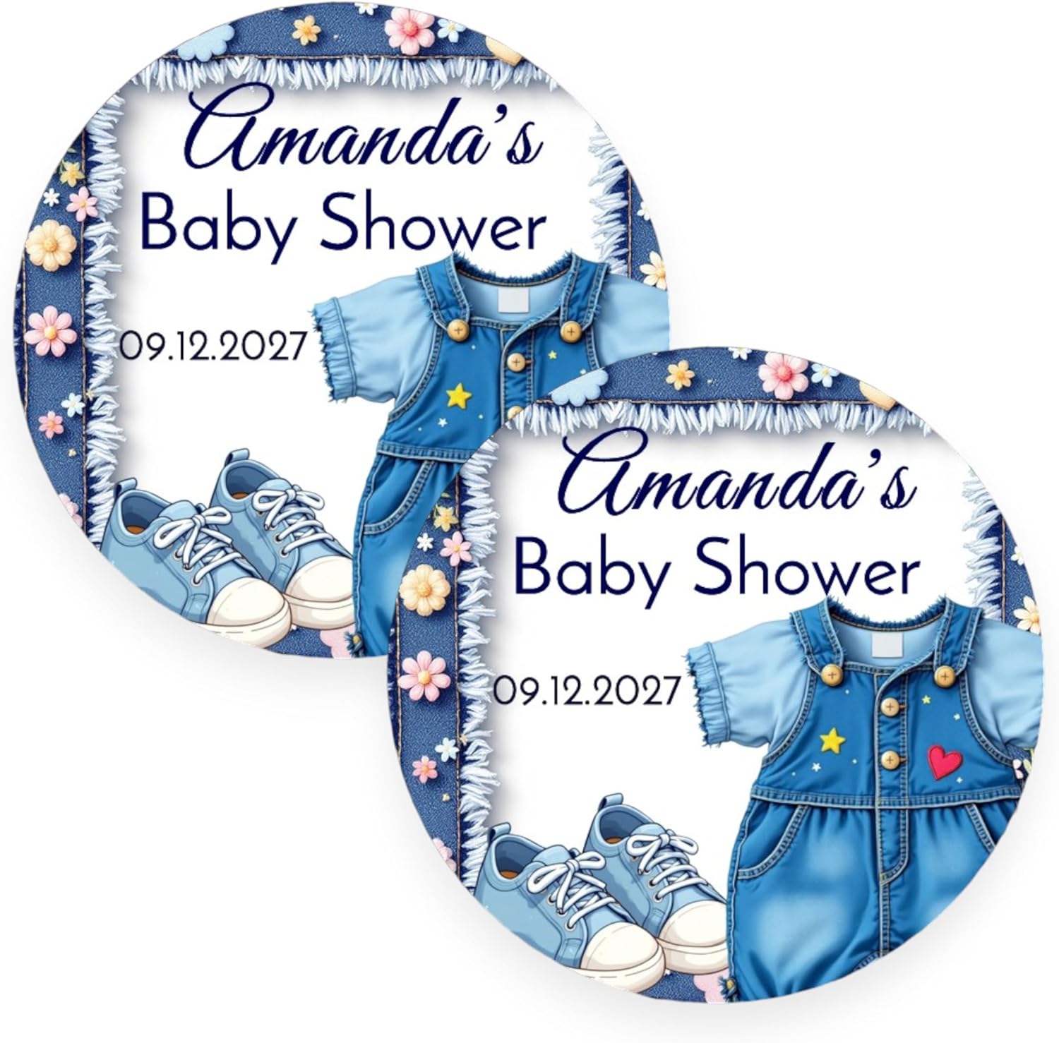 Personalized Blue Jeans Baby Shower Labels, Denim 1st Birthday Party Favor Stickers (Denim Girl #1)