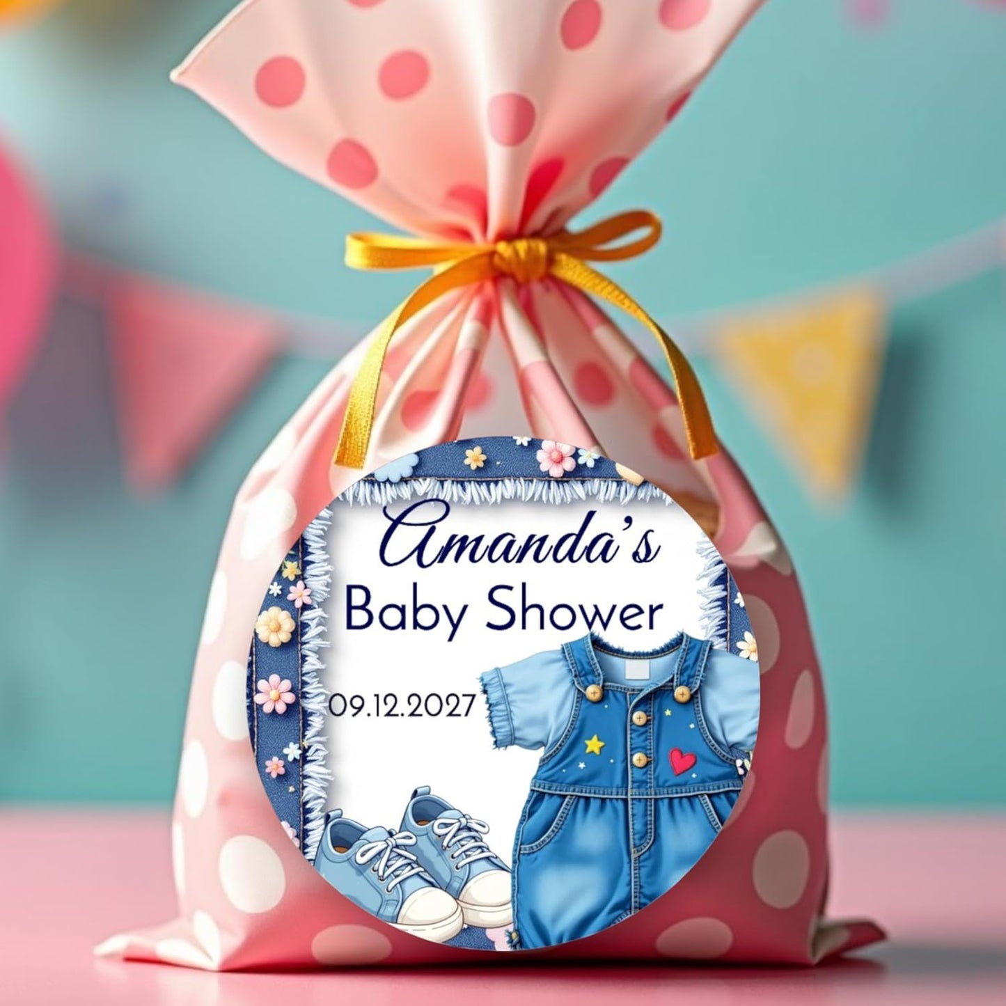 Personalized Blue Jeans Baby Shower Labels, Denim 1st Birthday Party Favor Stickers (Denim Girl #1)