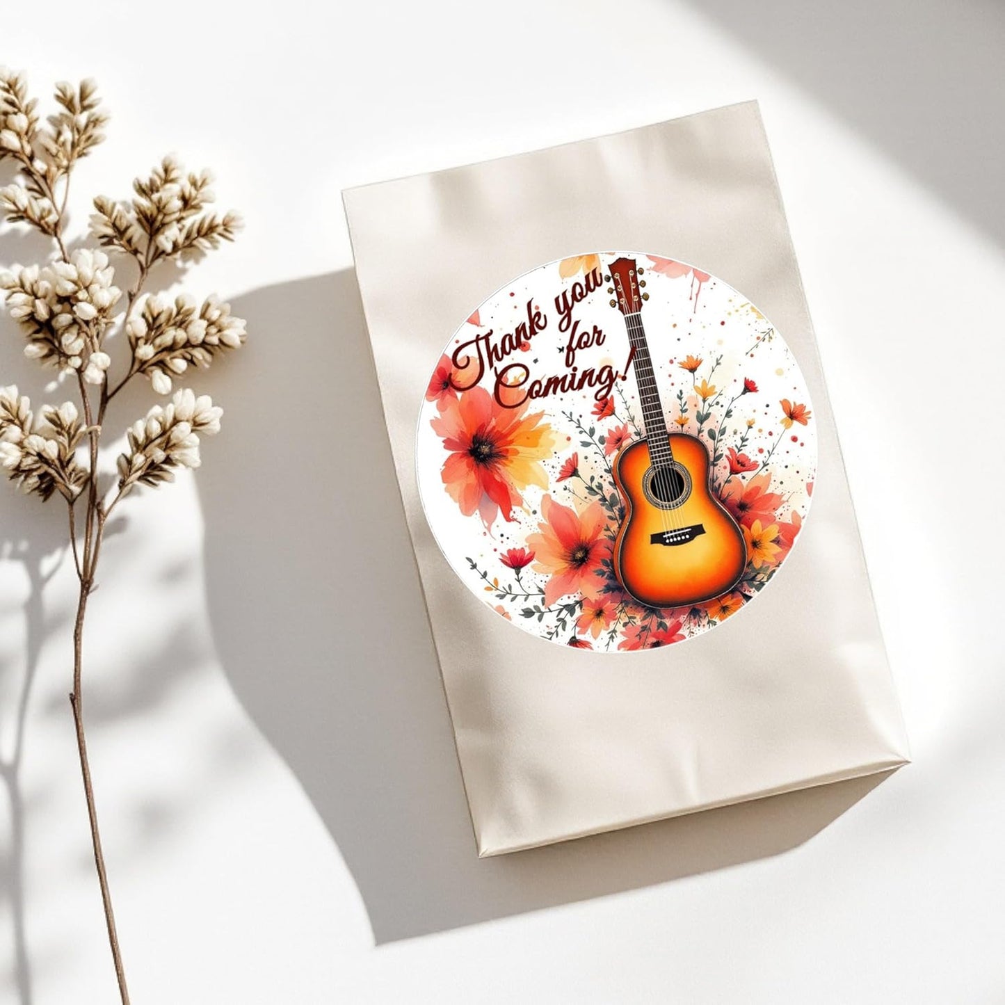 Floral Guitar Labels for Music Party Favors Decorations, 40 Stickers Festival Music Theme Birthday Party Supplies (Autumn Guitar)