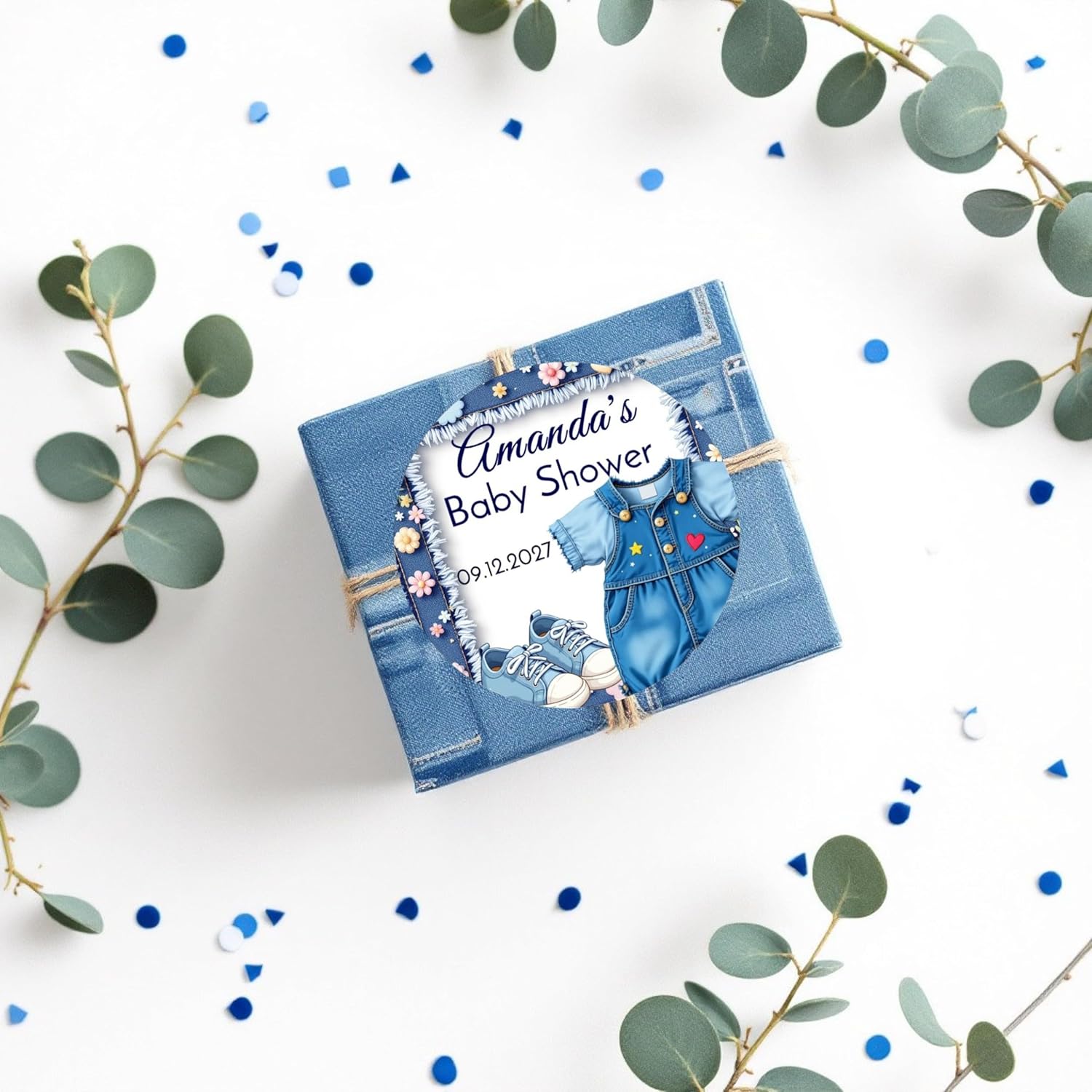 Personalized Blue Jeans Baby Shower Labels, Denim 1st Birthday Party Favor Stickers (Denim Girl #1)