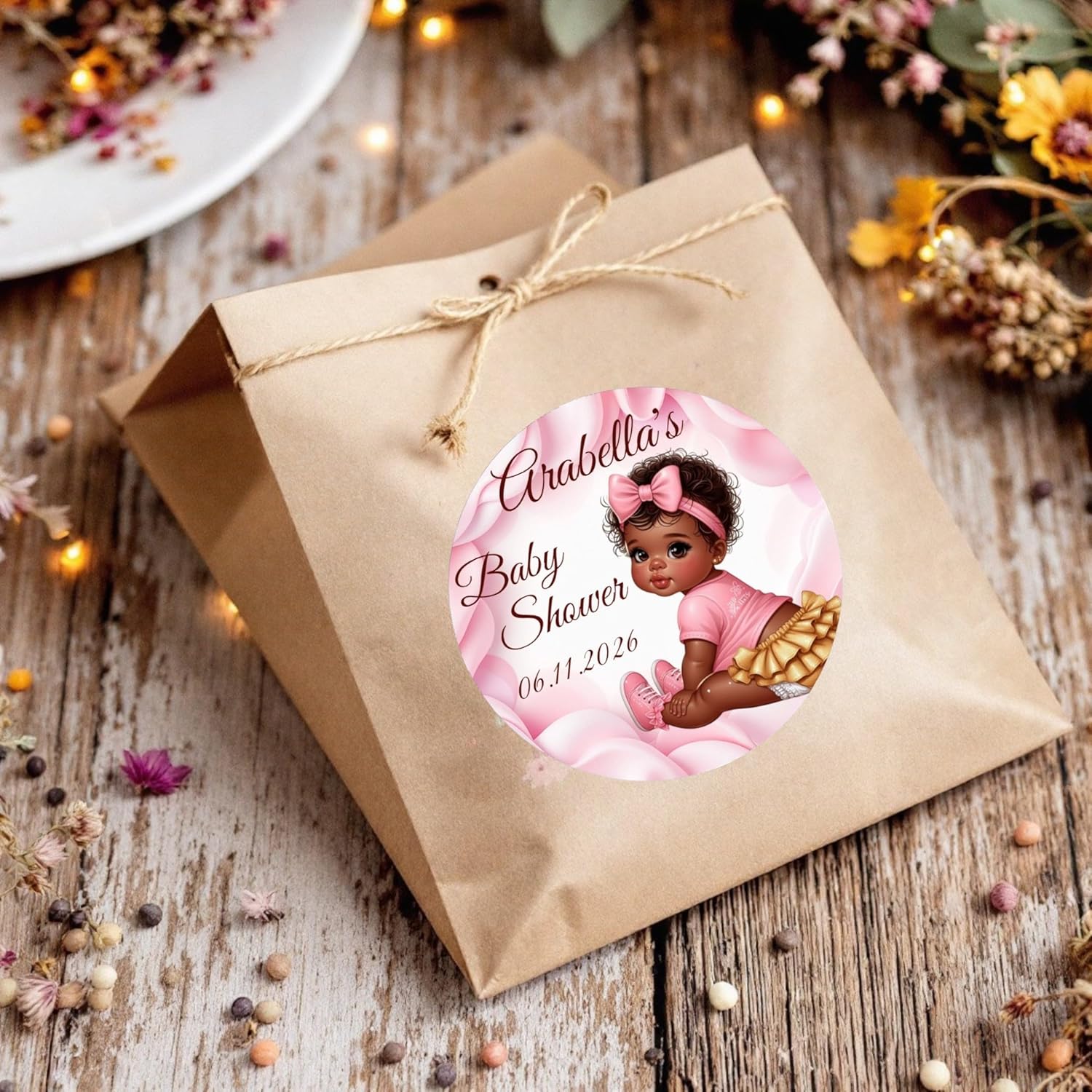 Personalized Girl African American Party Favor Labels, 1st Birthday Custom Name Date Stickers Decorations
