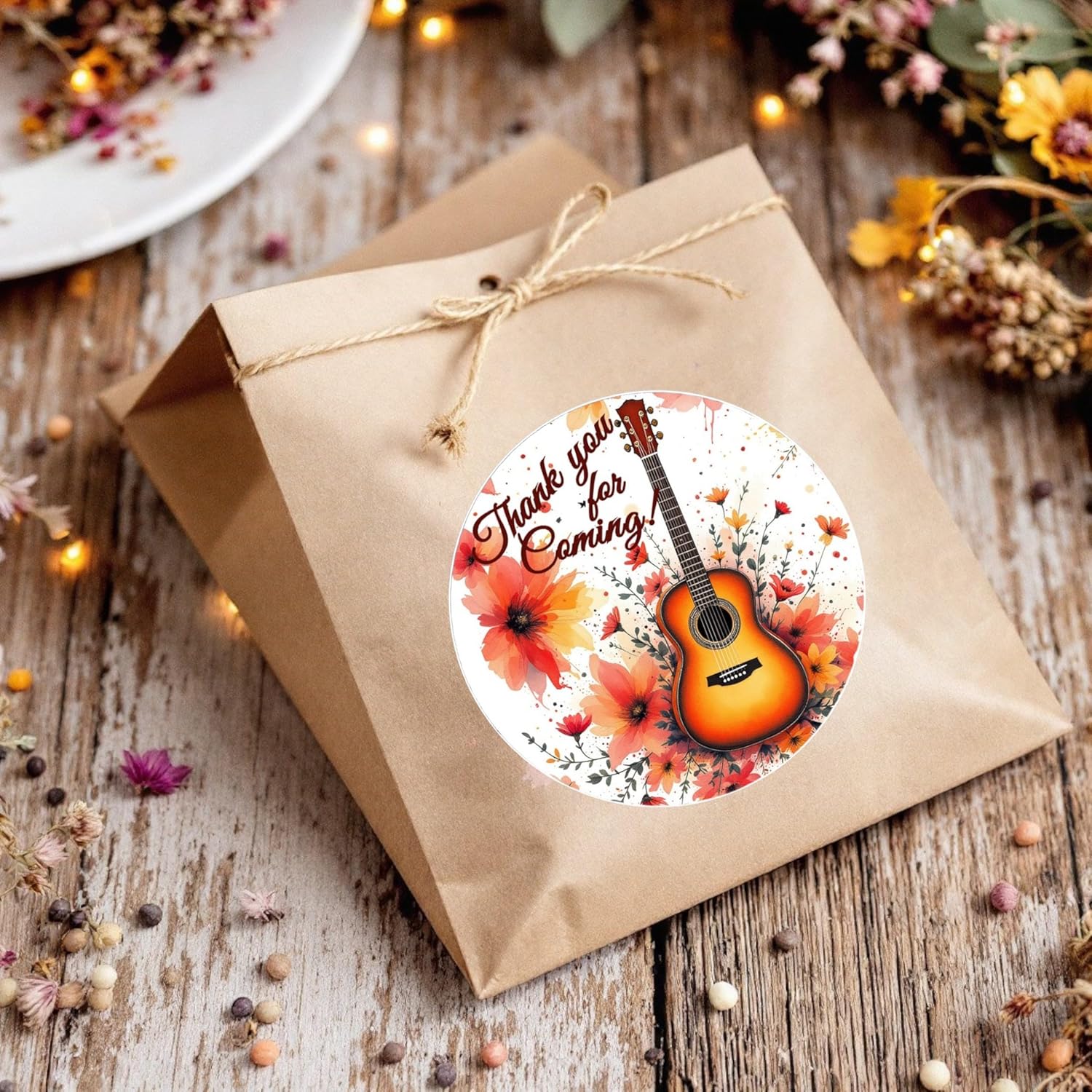 Floral Guitar Labels for Music Party Favors Decorations, 40 Stickers Festival Music Theme Birthday Party Supplies (Autumn Guitar)