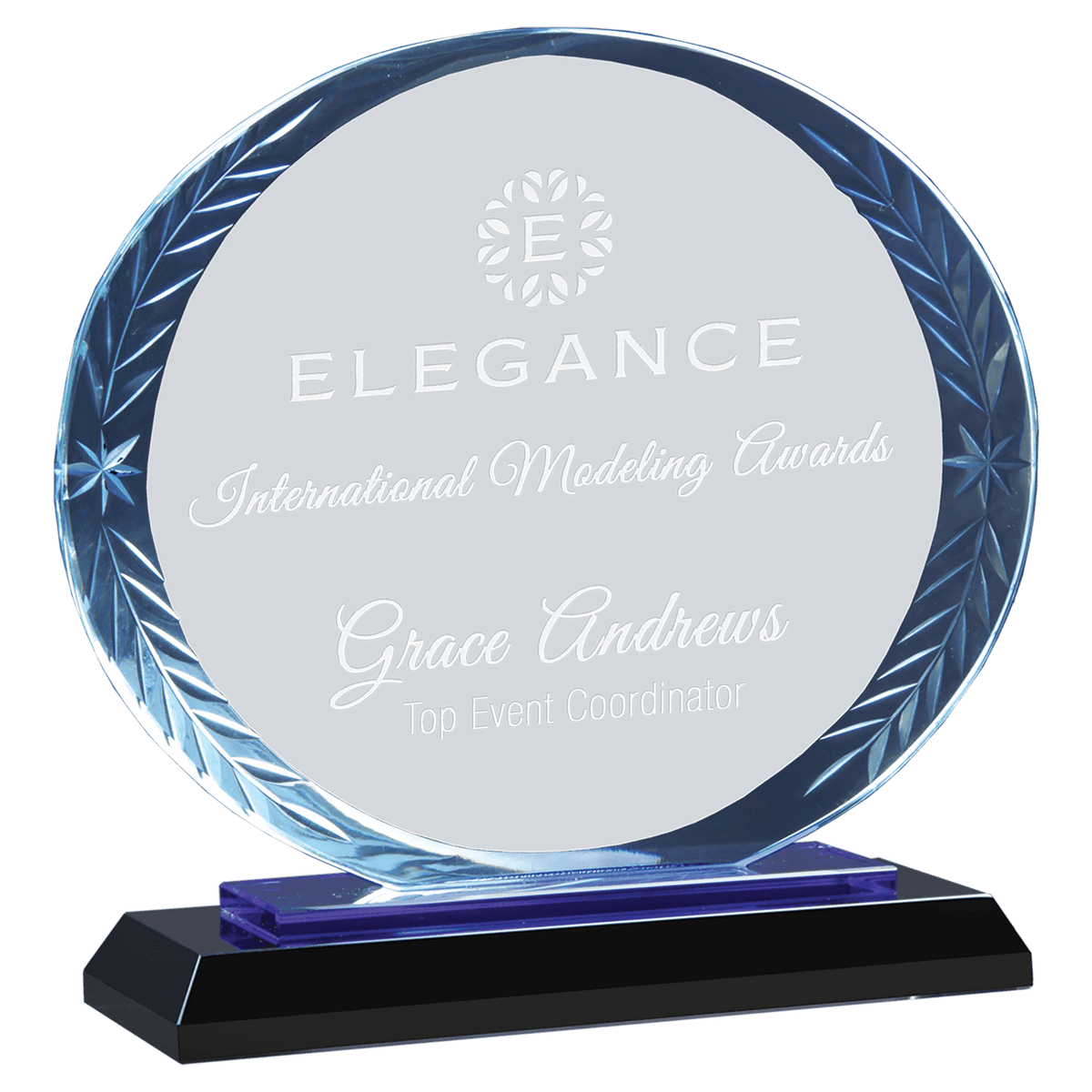 Personalized oval glass award 7" on blue and black reflective glass base, custom laser engraved