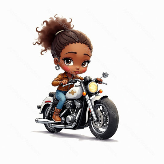 Afro-American Girl Biker Motorcycle Clipart Digital Download