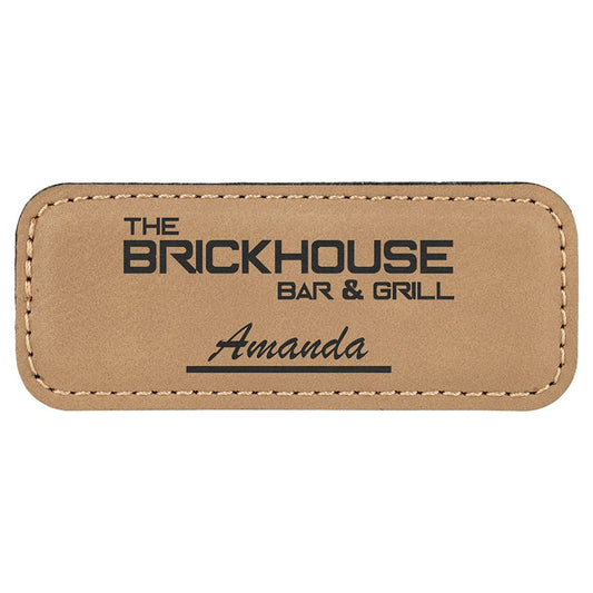 3 1/4" x 1 1/4" Light Brown Laserable Leatherette Badge with Magnet, custom engraved name badge