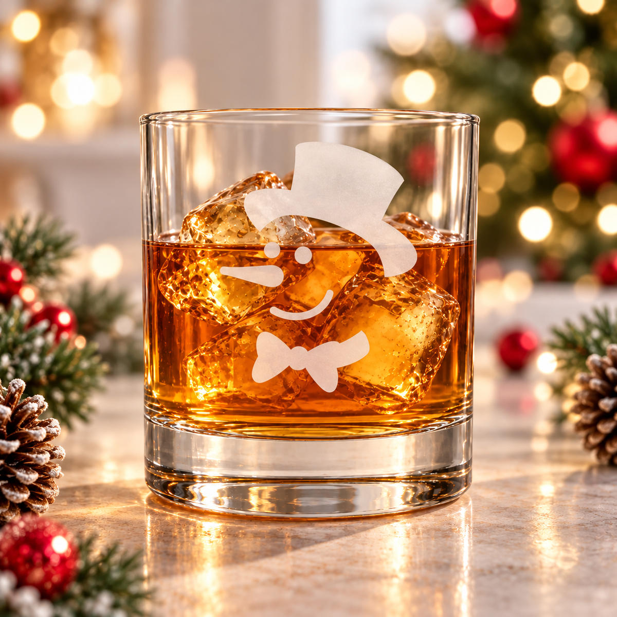 Engraved whiskey glass with top hat snowman face and bow tie, Christmas rocks glass