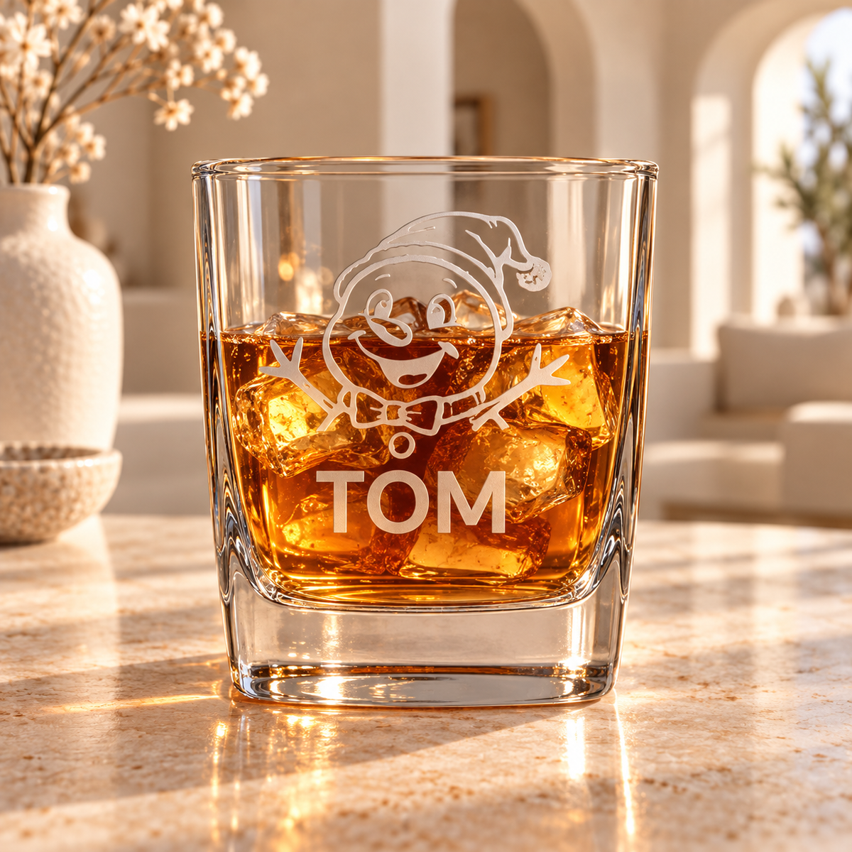 Personalized Snowman Whiskey Glass with Name β Engraved Christmas Rocks Glass, 10.5 oz