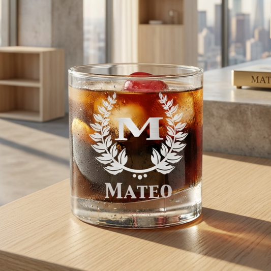 Personalized Scotch bourbon whiskey rocks glass with custom monogram engraving on clear glass