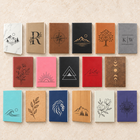 Engraved leatherette journals with lined notepad, 5.25 x 8.25 in, personalized notebook in 18 colors