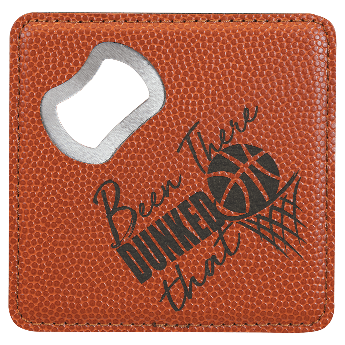 Basketball Square Bottle Opener Coaster laser engraved custom logo sports leatherette coaster
