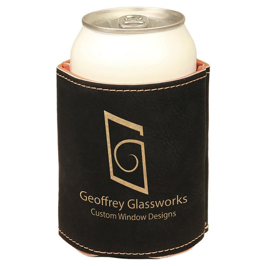 Black and Gold laser engraved custom logo 3 3/4" leatherette can holder