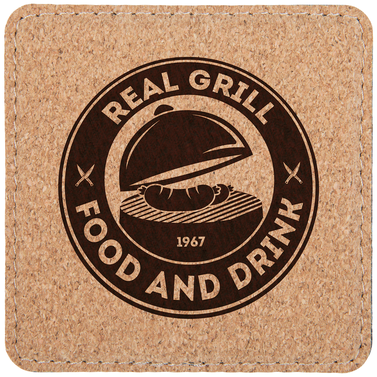 Square 4" x 4" Stitched laser engraved custom logo cork coaster