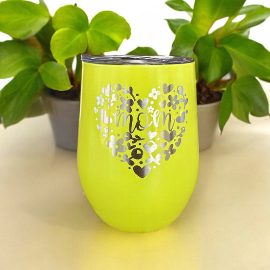 Personalized Mom Mug, Heart Flowers Wine Cup Coffee Tumbler