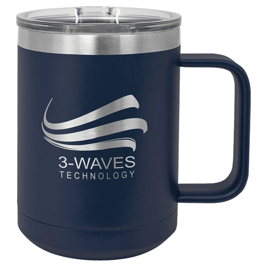 Navy Blue 15 oz laser engraved custom logo insulated coffee mug with handle and slider lid