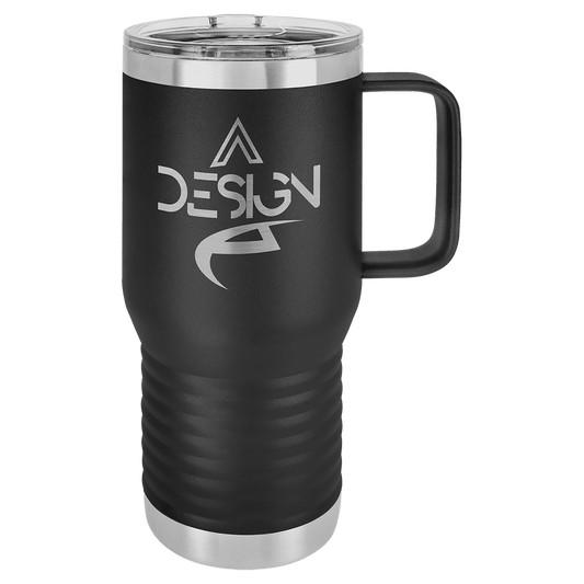 Black 20 oz laser engraved custom logo travel mug with handle and slider lid