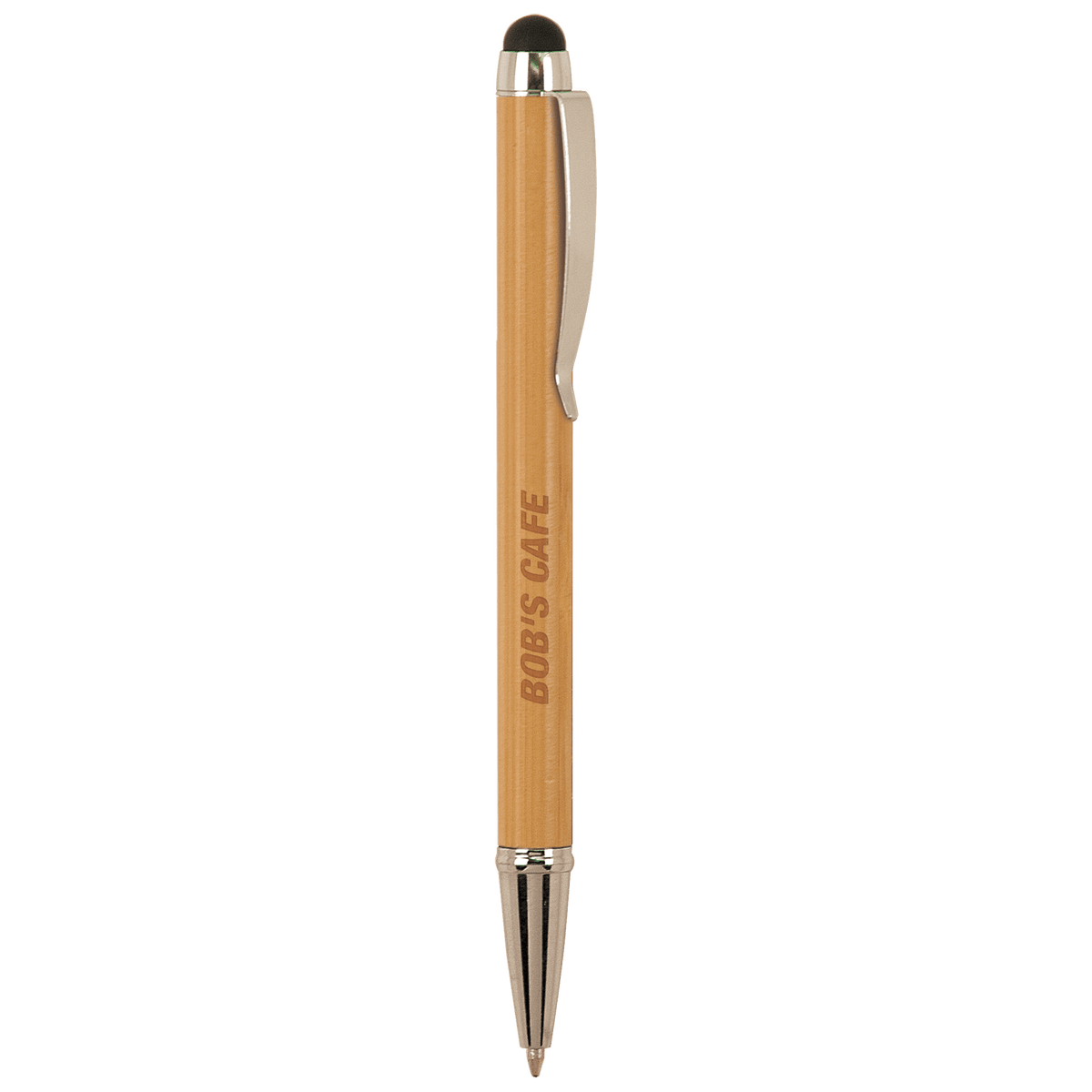 Twist style engraved bamboo pen with stylus on top