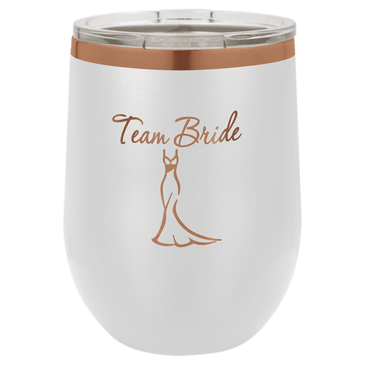White and Rose Gold 12 oz Stemless Wine Tumbler with Lid laser engraved with custom logo