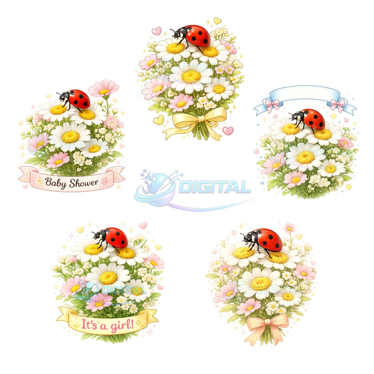 Ladybug daisy clipart bundle 5 watercolor PNG transparent baby shower its a girl floral bouquet