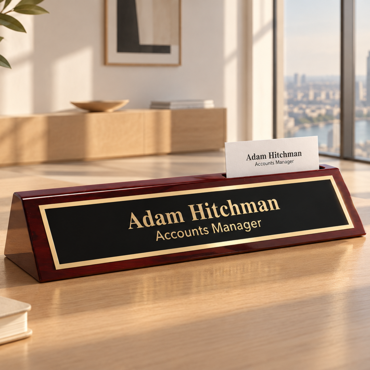 10 1/2" Rosewood Piano Finish Desk Wedge with Business Card Holder, desk name plate holder